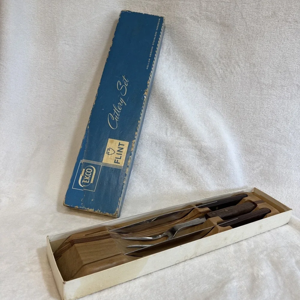 Vtg. EKCO FLINT Cutlery Set Stainless Vanadium Carving 3pc Set Knife Block & Box